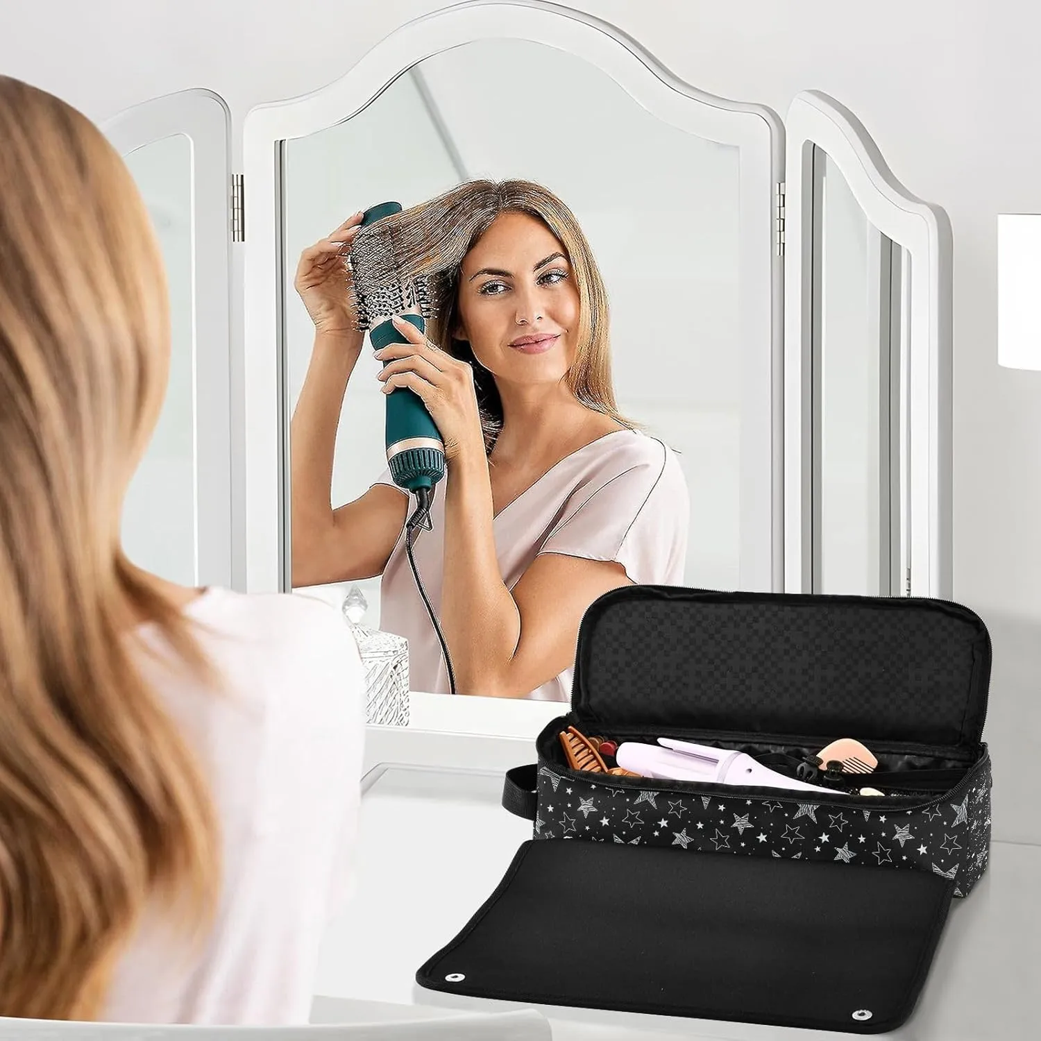 Hair Tools Travel Bag with Heat Resistant Mat Detachable 2-in-1 Curling Iron Travel Case Hot Tools Organizer for Straightener Flat Iron Black Stars