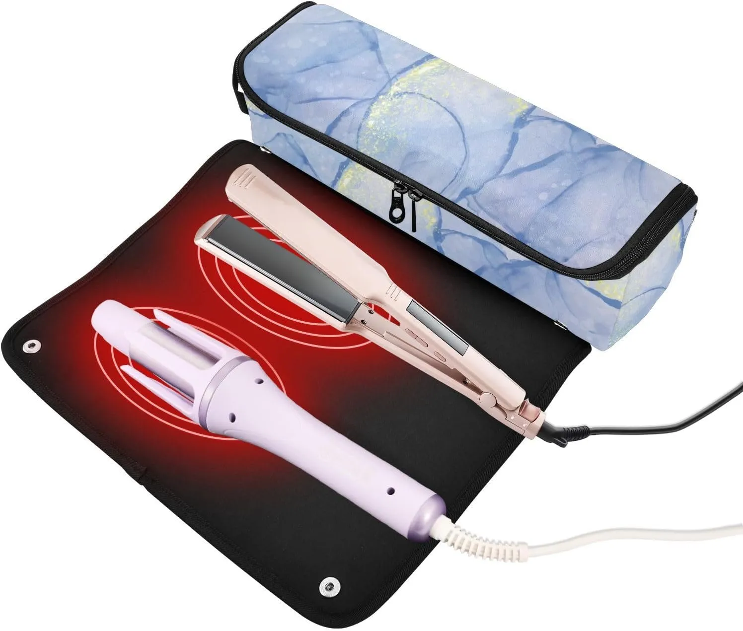 Hair Tools Travel Bag with Heat Resistant Mat Detachable 2-in-1 Curling Iron Travel Case Hot Tools Organizer for Straightener Flat Iron Blue Cyan Marble