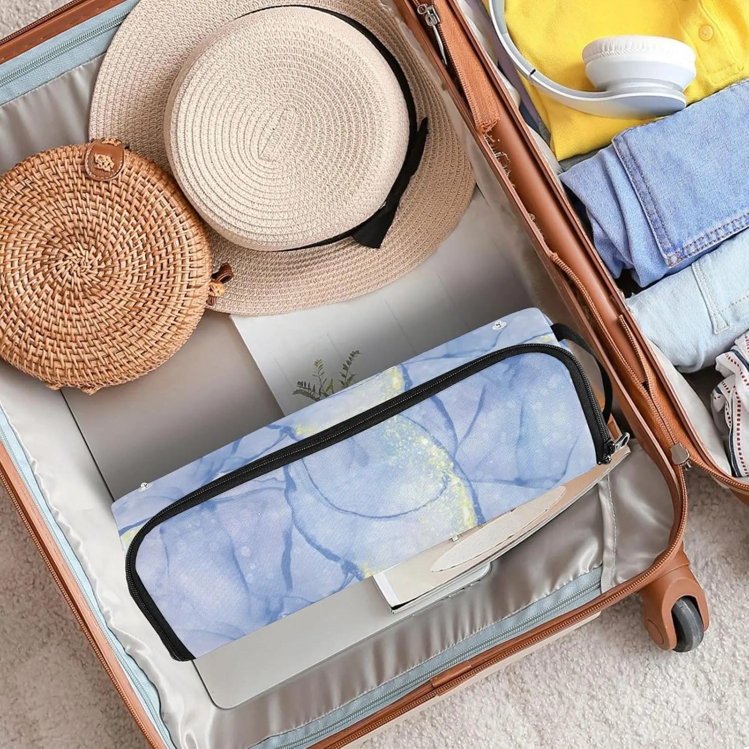 Hair Tools Travel Bag with Heat Resistant Mat Detachable 2-in-1 Curling Iron Travel Case Hot Tools Organizer for Straightener Flat Iron Blue Cyan Marble