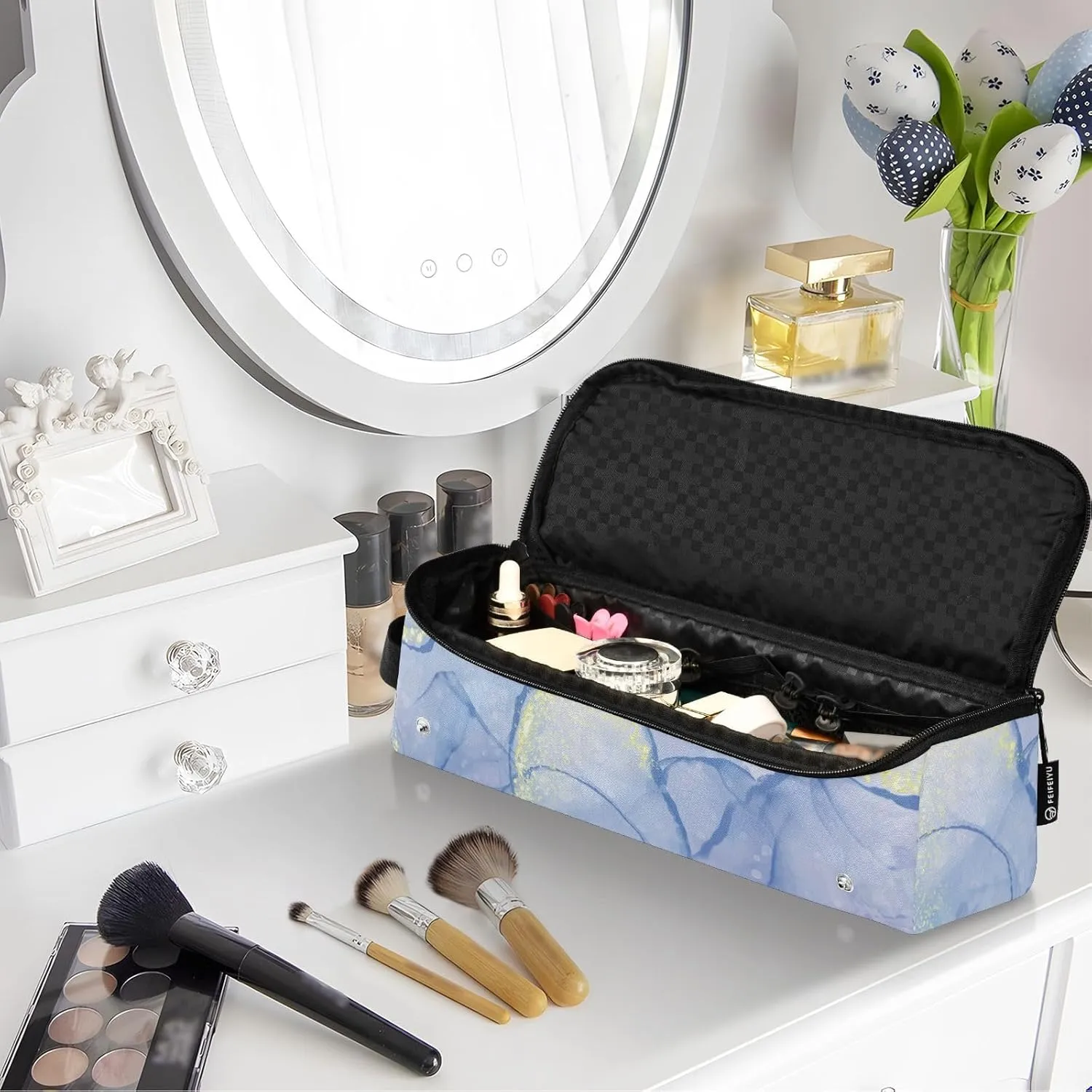 Hair Tools Travel Bag with Heat Resistant Mat Detachable 2-in-1 Curling Iron Travel Case Hot Tools Organizer for Straightener Flat Iron Blue Cyan Marble