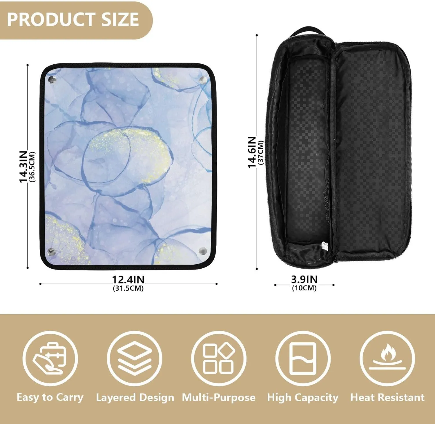 Hair Tools Travel Bag with Heat Resistant Mat Detachable 2-in-1 Curling Iron Travel Case Hot Tools Organizer for Straightener Flat Iron Blue Cyan Marble