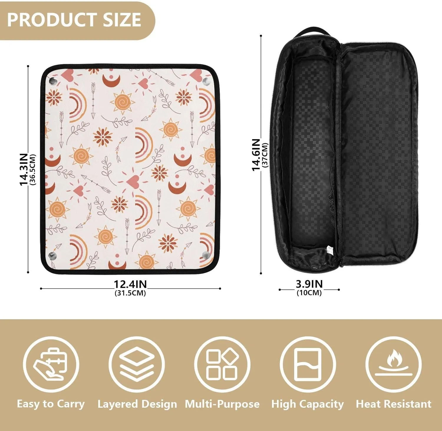Hair Tools Travel Bag with Heat Resistant Mat Detachable 2-in-1 Curling Iron Travel Case Hot Tools Organizer for Straightener Flat Iron Boho Moon Rainbow Sun Floral