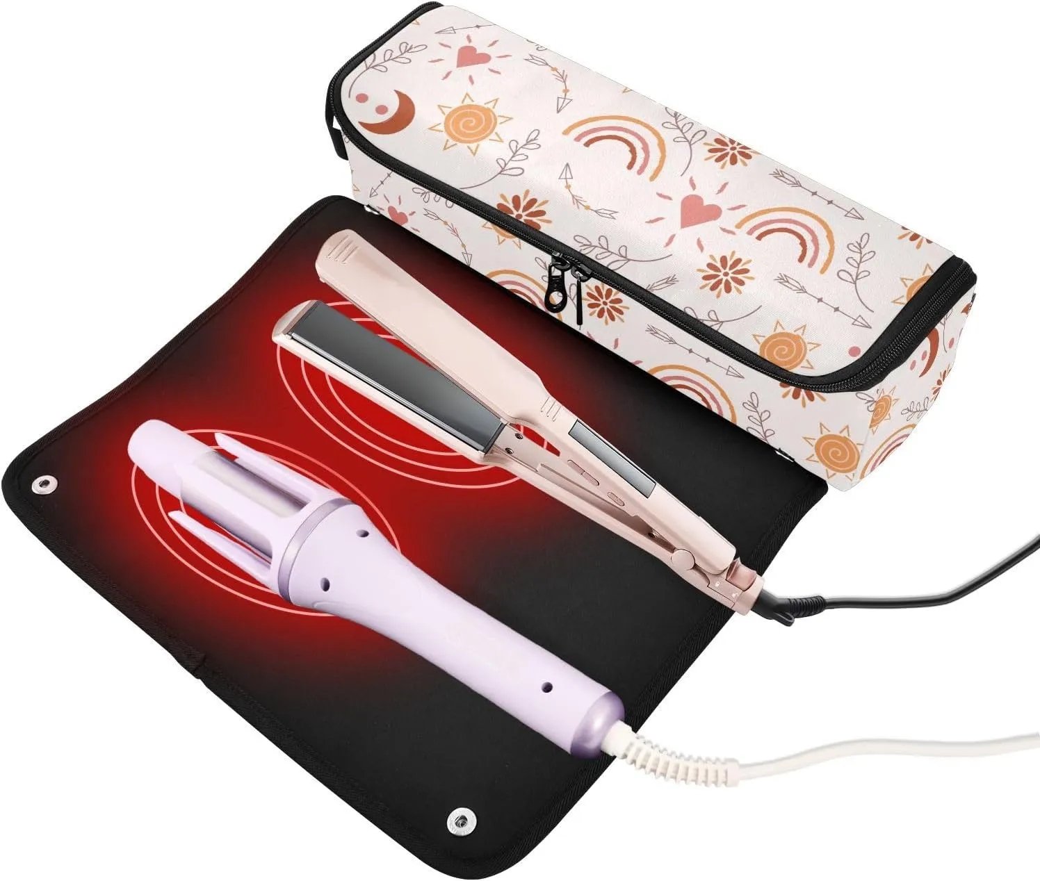 Hair Tools Travel Bag with Heat Resistant Mat Detachable 2-in-1 Curling Iron Travel Case Hot Tools Organizer for Straightener Flat Iron Boho Moon Rainbow Sun Floral