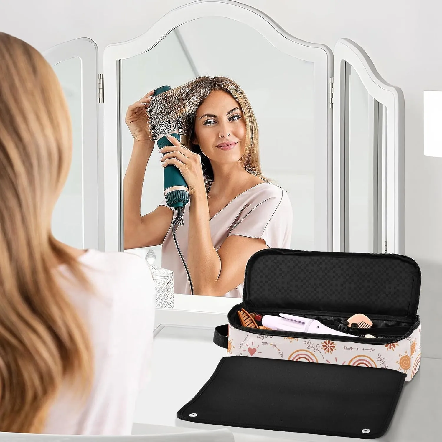 Hair Tools Travel Bag with Heat Resistant Mat Detachable 2-in-1 Curling Iron Travel Case Hot Tools Organizer for Straightener Flat Iron Boho Moon Rainbow Sun Floral
