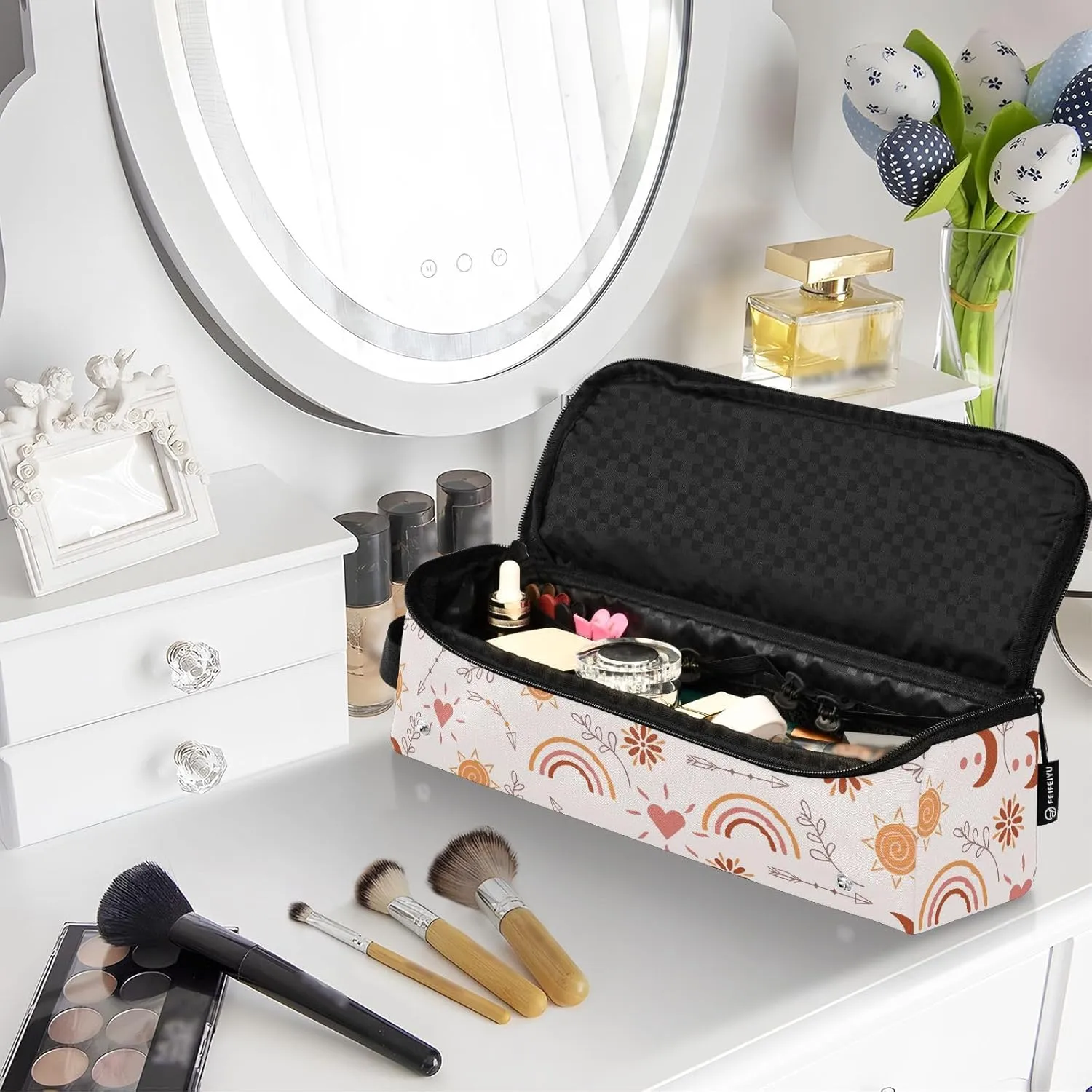 Hair Tools Travel Bag with Heat Resistant Mat Detachable 2-in-1 Curling Iron Travel Case Hot Tools Organizer for Straightener Flat Iron Boho Moon Rainbow Sun Floral