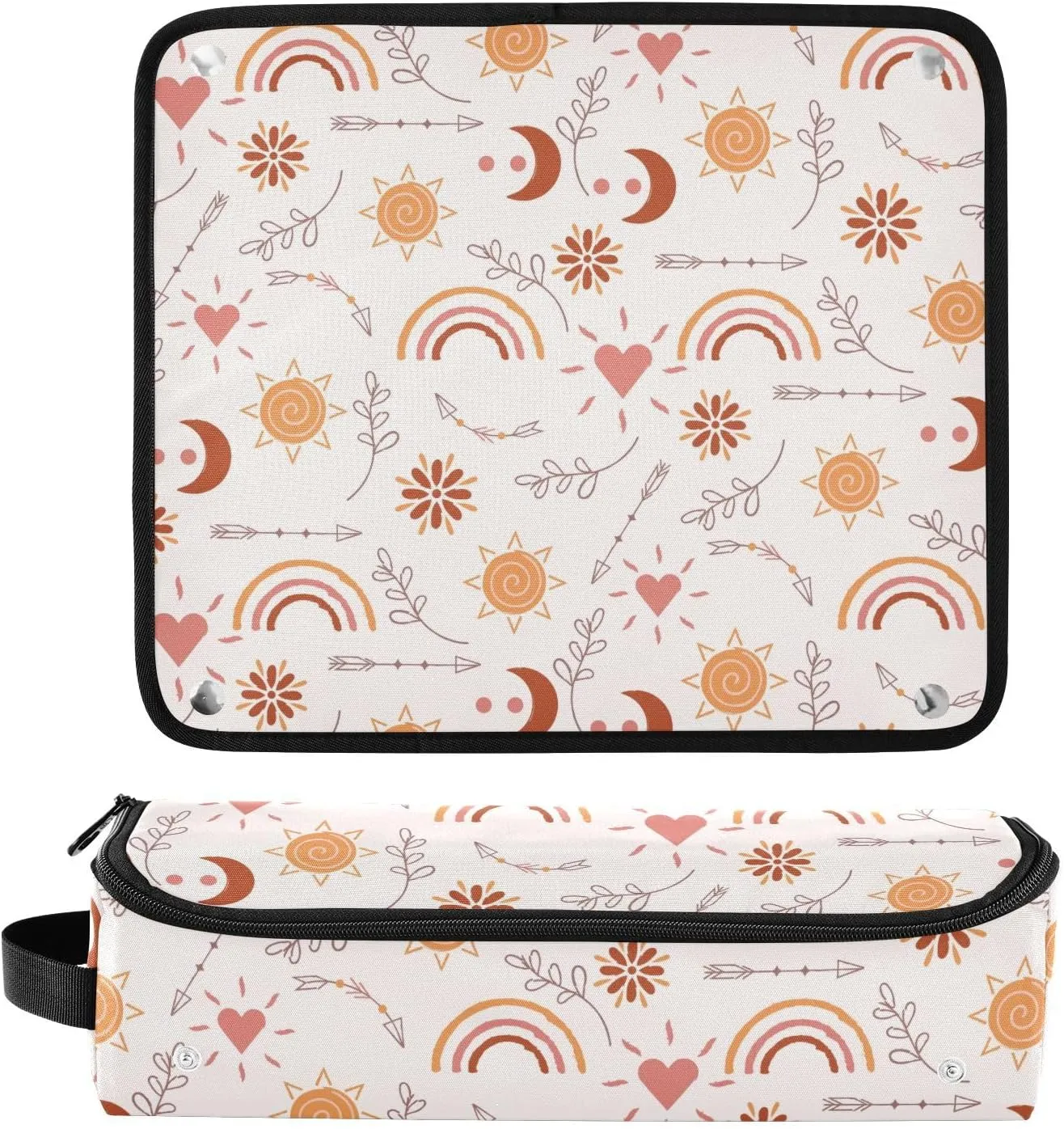Hair Tools Travel Bag with Heat Resistant Mat Detachable 2-in-1 Curling Iron Travel Case Hot Tools Organizer for Straightener Flat Iron Boho Moon Rainbow Sun Floral