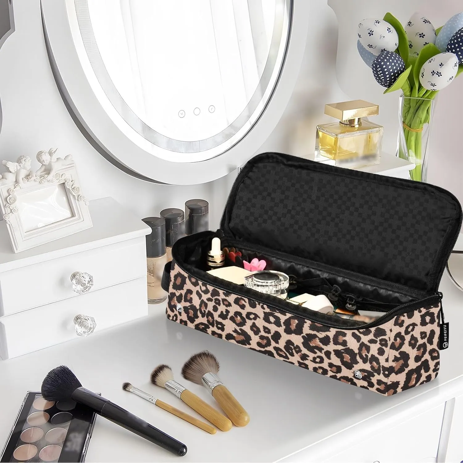 Hair Tools Travel Bag with Heat Resistant Mat Detachable 2-in-1 Curling Iron Travel Case Hot Tools Organizer for Straightener Flat Iron Leopard Print Brown
