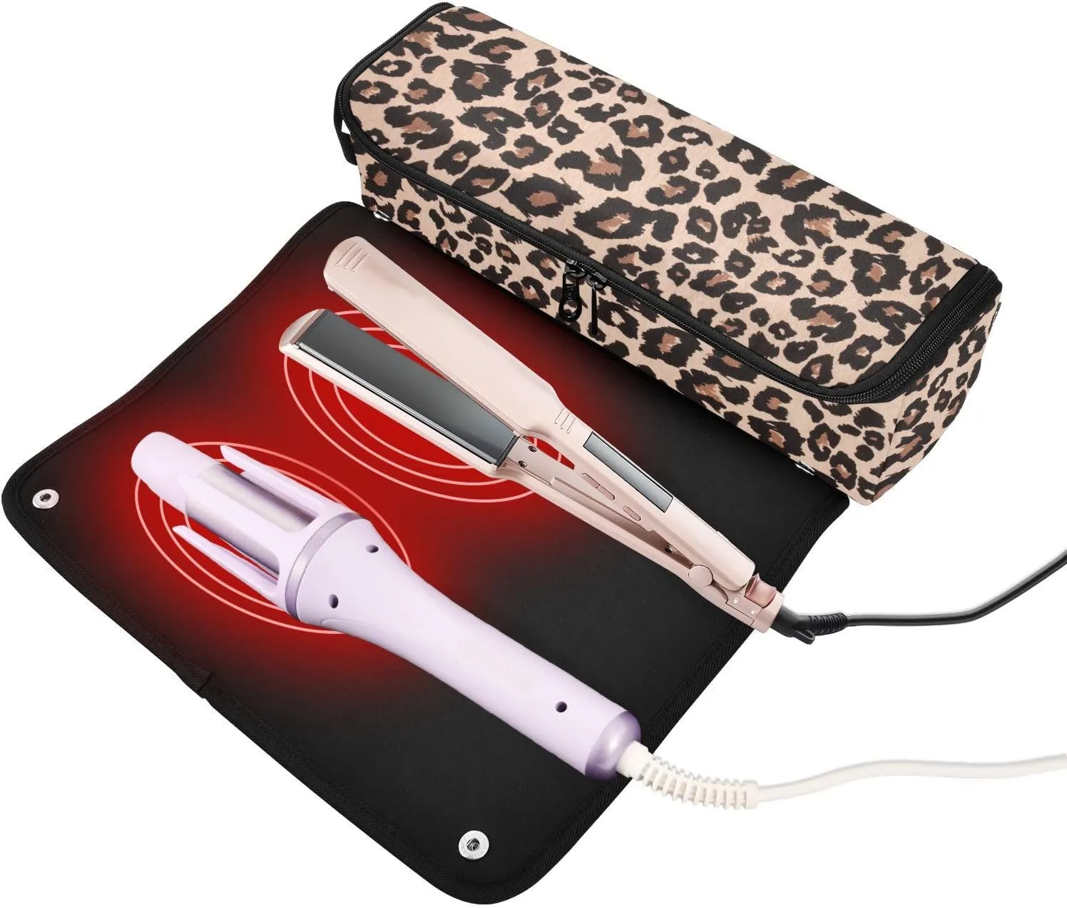 Hair Tools Travel Bag with Heat Resistant Mat Detachable 2-in-1 Curling Iron Travel Case Hot Tools Organizer for Straightener Flat Iron Leopard Print Brown