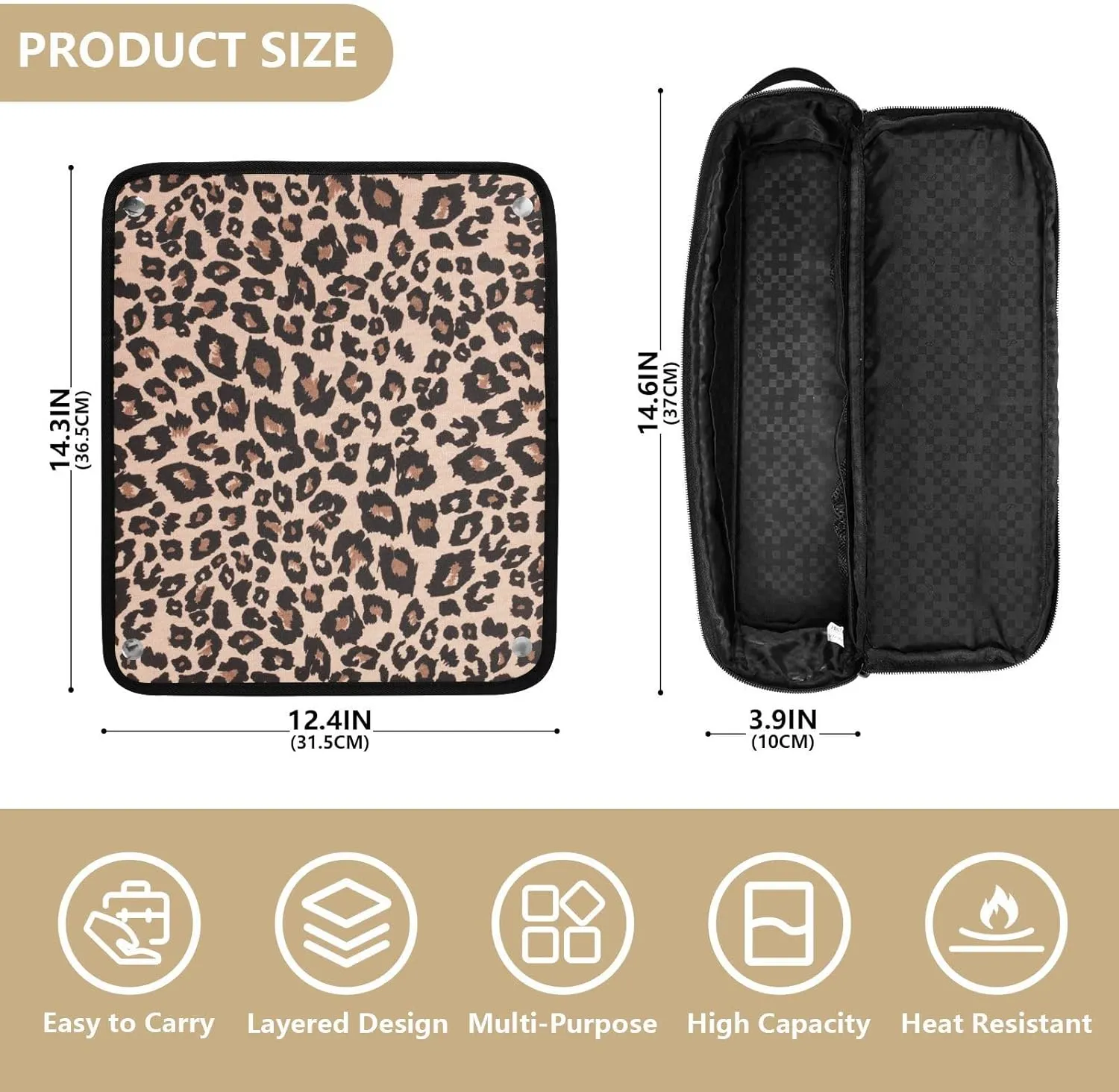 Hair Tools Travel Bag with Heat Resistant Mat Detachable 2-in-1 Curling Iron Travel Case Hot Tools Organizer for Straightener Flat Iron Leopard Print Brown