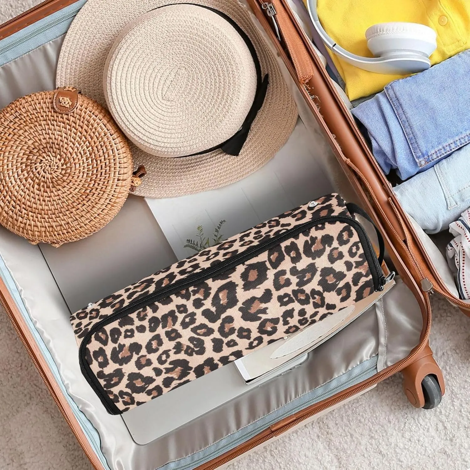 Hair Tools Travel Bag with Heat Resistant Mat Detachable 2-in-1 Curling Iron Travel Case Hot Tools Organizer for Straightener Flat Iron Leopard Print Brown