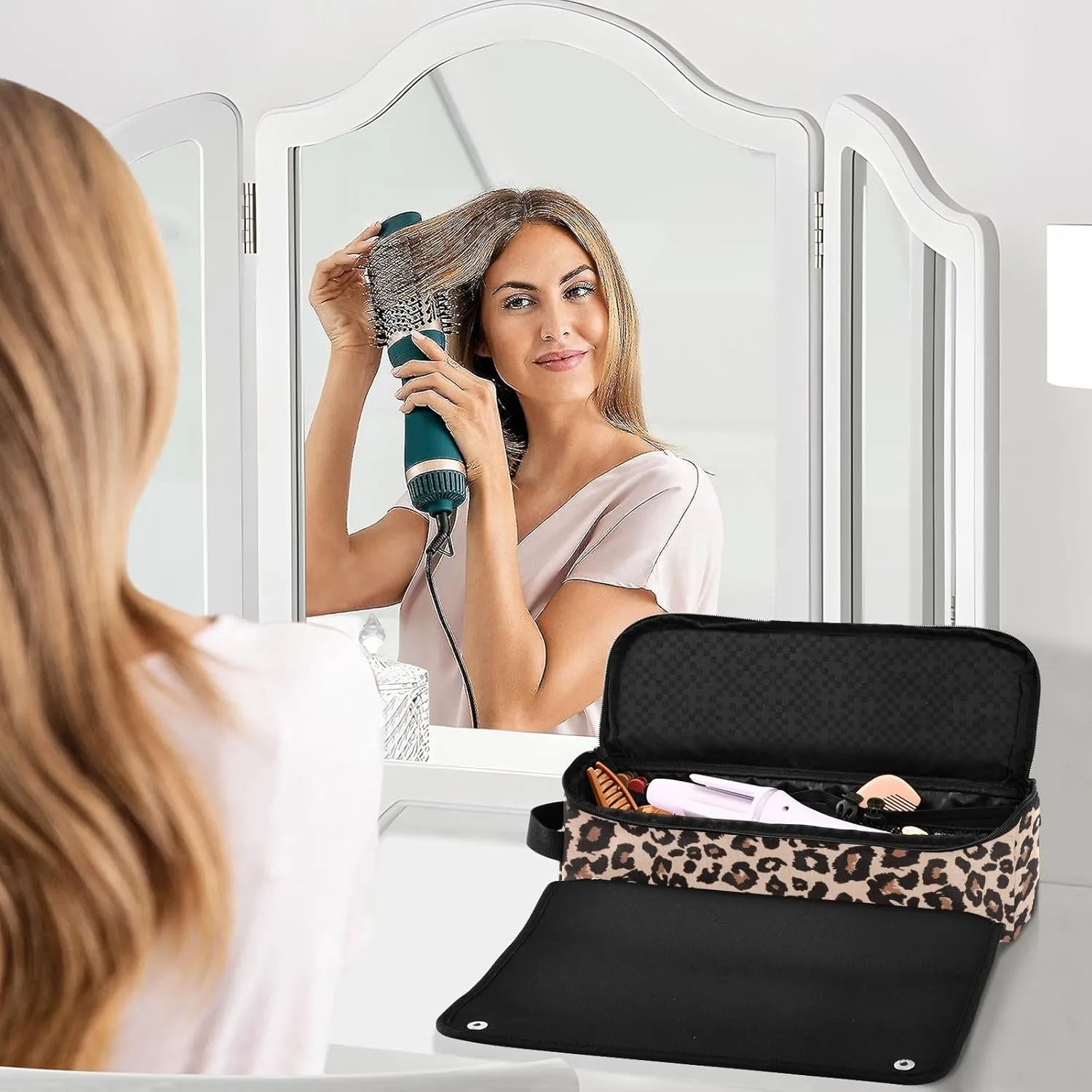 Hair Tools Travel Bag with Heat Resistant Mat Detachable 2-in-1 Curling Iron Travel Case Hot Tools Organizer for Straightener Flat Iron Leopard Print Brown