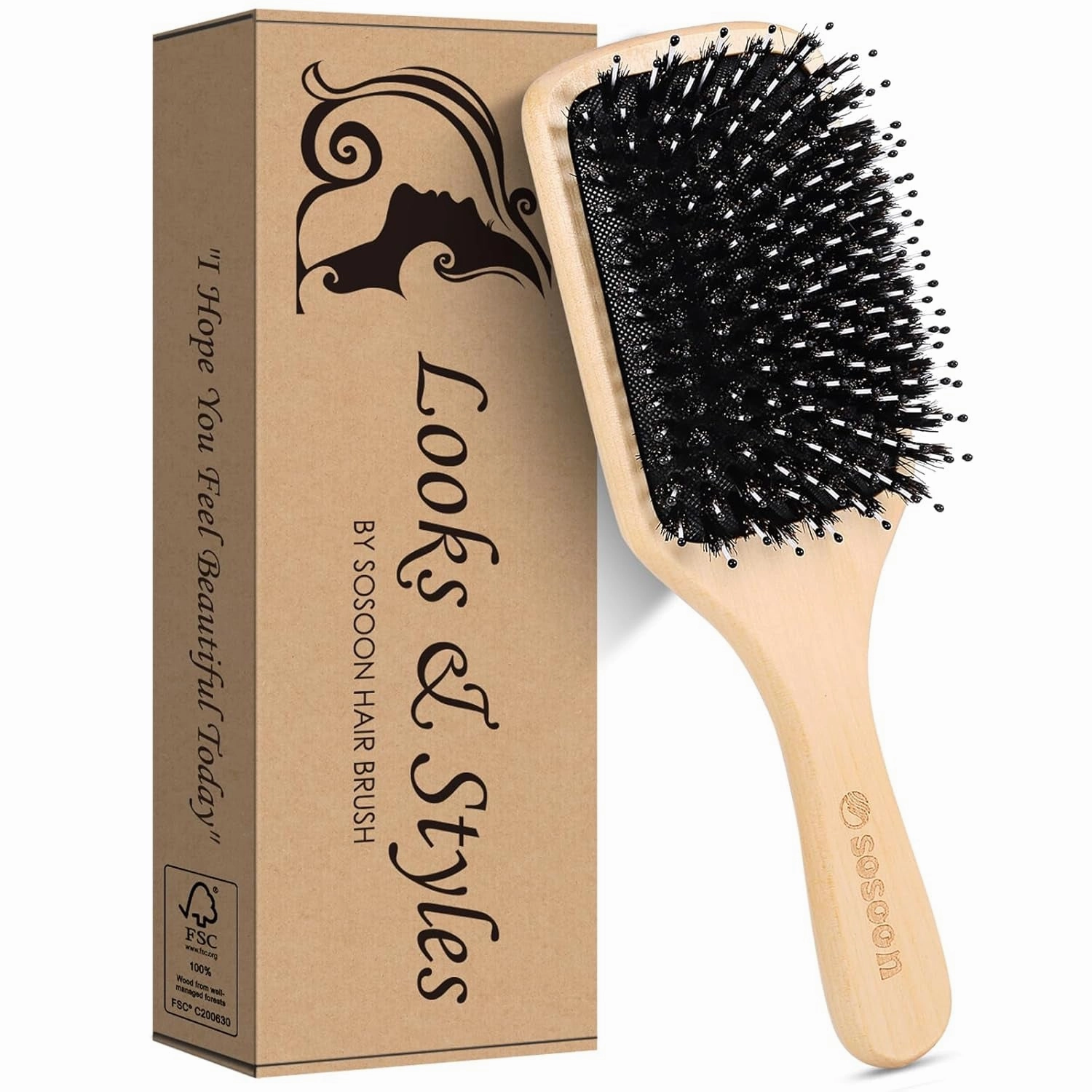 Hair Brush,  Boar Bristle Paddle Hairbrush for Long Short Thick Thin Curly Straight Wavy Dry Hair for Men Women Kids, No More Tangle, Giftbox & Tail Comb Included