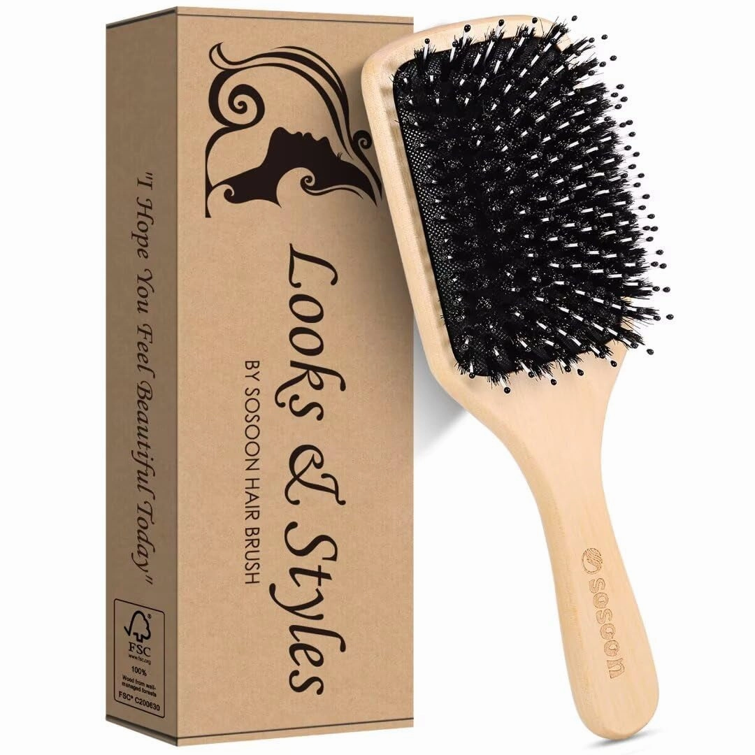 Hair Brush,  Boar Bristle Paddle Hairbrush for Long Short Thick Thin Curly Straight Wavy Dry Hair for Men Women Kids, No More Tangle, Giftbox & Tail Comb Included