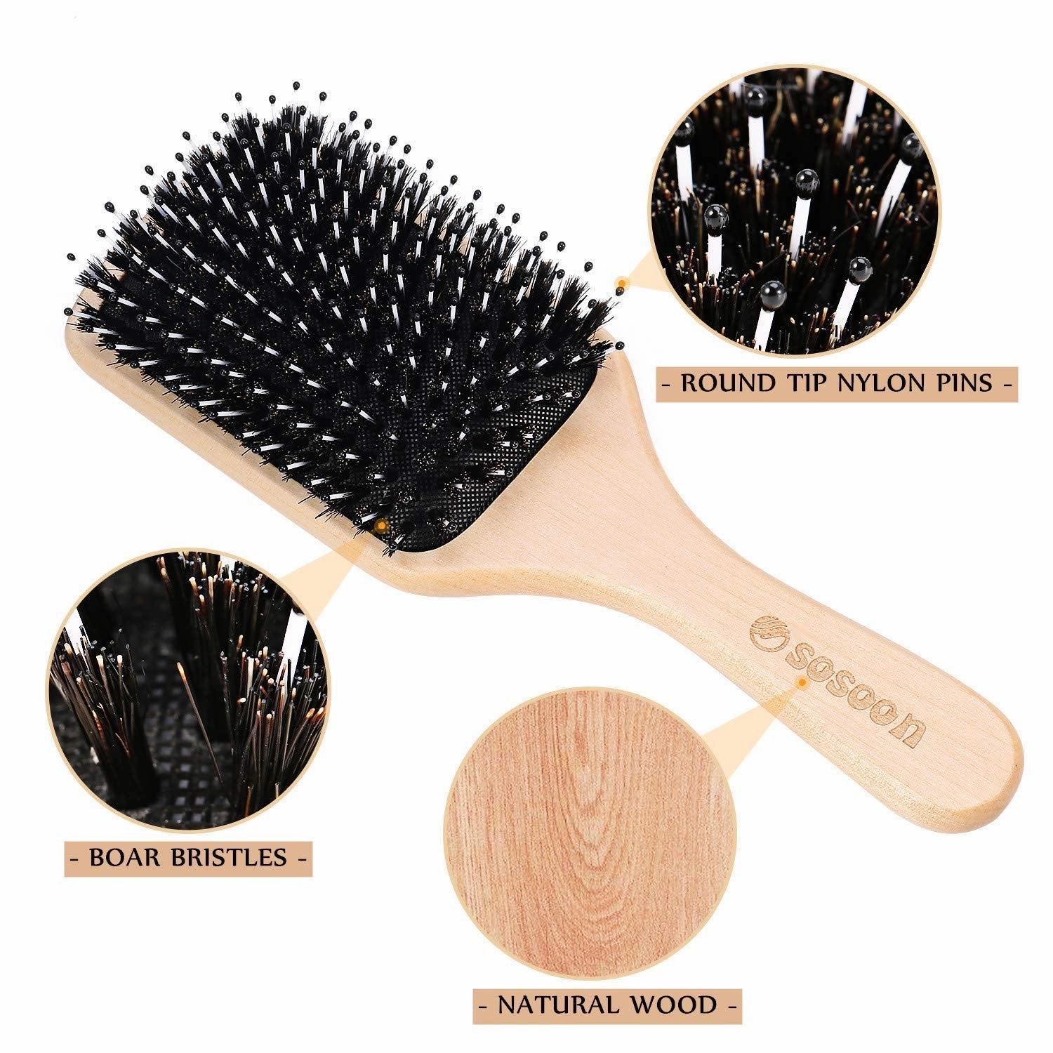 Hair Brush,  Boar Bristle Paddle Hairbrush for Long Short Thick Thin Curly Straight Wavy Dry Hair for Men Women Kids, No More Tangle, Giftbox & Tail Comb Included