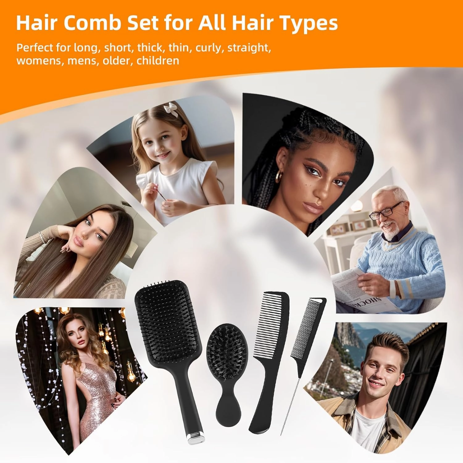 Hair Brush and Comb Set, 4Pcs Paddle Hairbrush Set for Women Men, Mini Travel Boar Bristle Detangling Rattail Fine Tooth Styling Combs for Curly, Thick, Thin, Wig, Long, Short