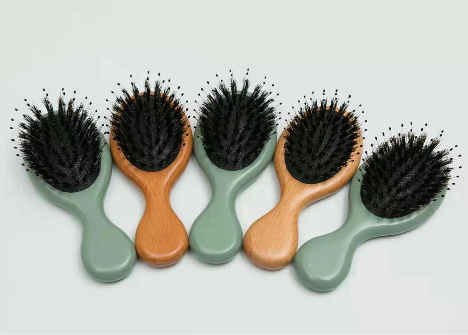 Hair Brush Mini Boar Bristle Hairbrush for Thick Thin Straight Curly Hair, 2 Pcs Natural Beech Wood Handle Cushion Massage Detangling Hair Brush for Men Women Adults