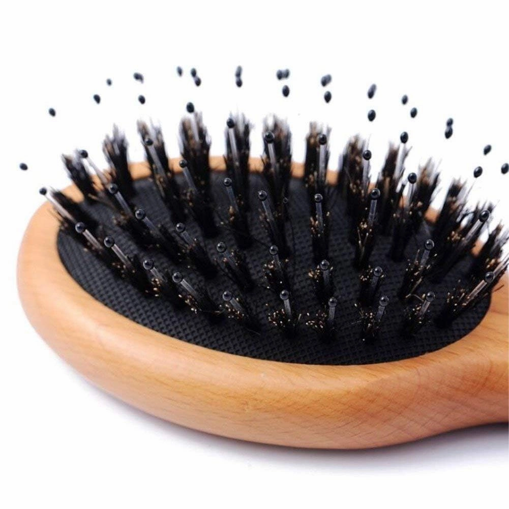 Hair Brush Mini Boar Bristle Hairbrush for Thick Thin Straight Curly Hair, 2 Pcs Natural Beech Wood Handle Cushion Massage Detangling Hair Brush for Men Women Adults