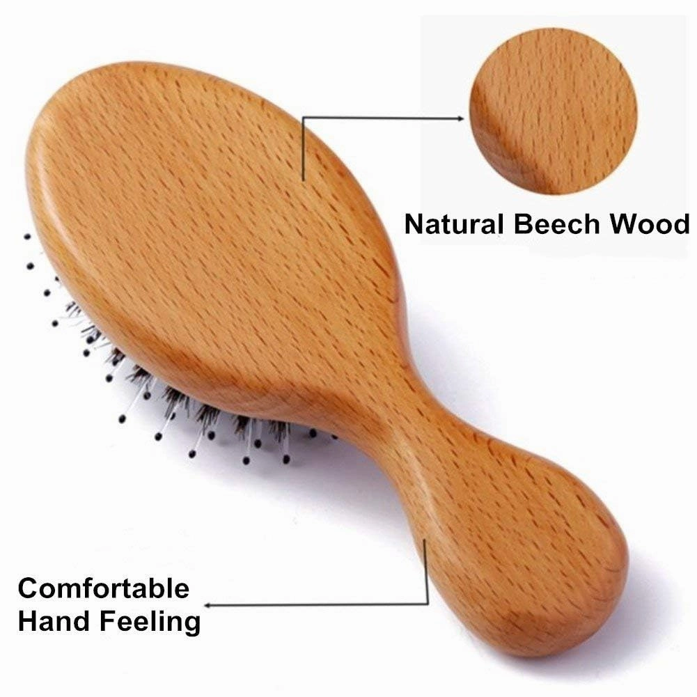 Hair Brush Mini Boar Bristle Hairbrush for Thick Thin Straight Curly Hair, 2 Pcs Natural Beech Wood Handle Cushion Massage Detangling Hair Brush for Men Women Adults