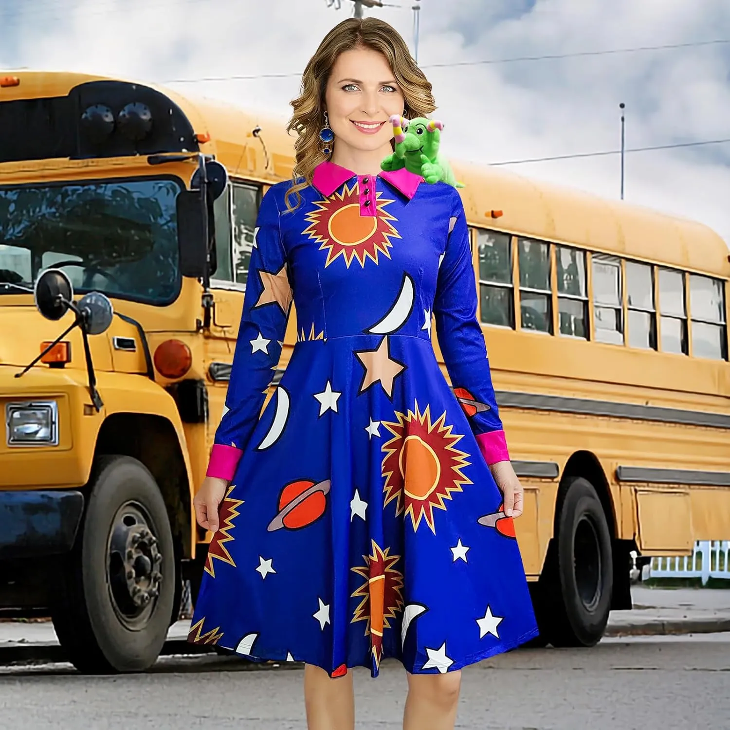 Halloween Women's Planets Stars Moon Solar System Dress Cosplay Costume A-Line Dress Bring lizard and earrings