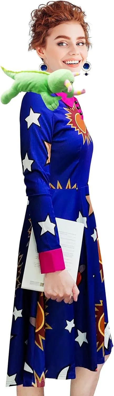 Halloween Women's Planets Stars Moon Solar System Dress Cosplay Costume A-Line Dress Bring lizard and earrings