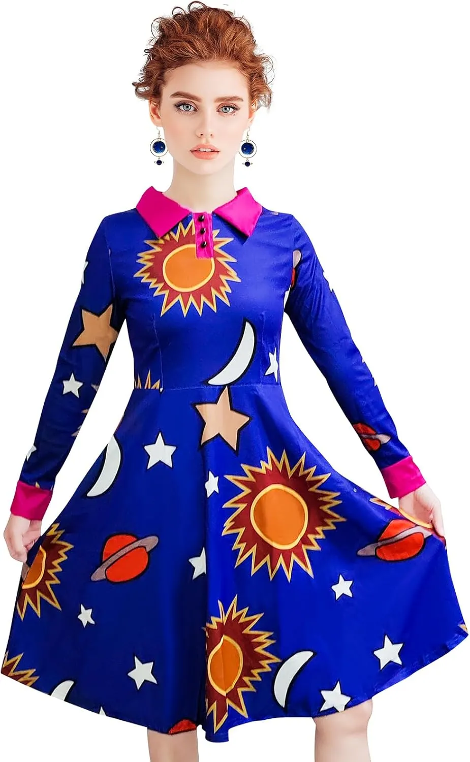 Halloween Women's Planets Stars Moon Solar System Dress Cosplay Costume A-Line Dress