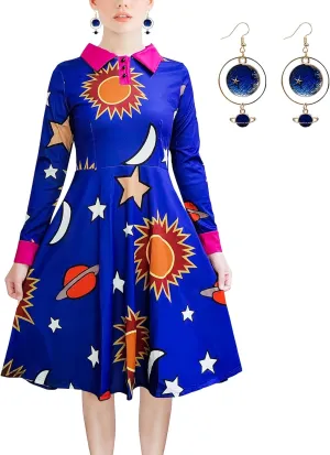 Halloween Women's Planets Stars Moon Solar System Dress Cosplay Costume A-Line Dress