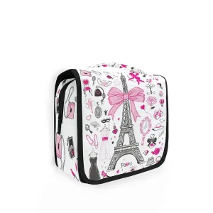 Hand-drawn Doodle Paris Symbols Pink Black On White Hanging Wash Gargle Toiletry Bag Travel Cosmetic Makeup Case Organizer Storage Large Portable