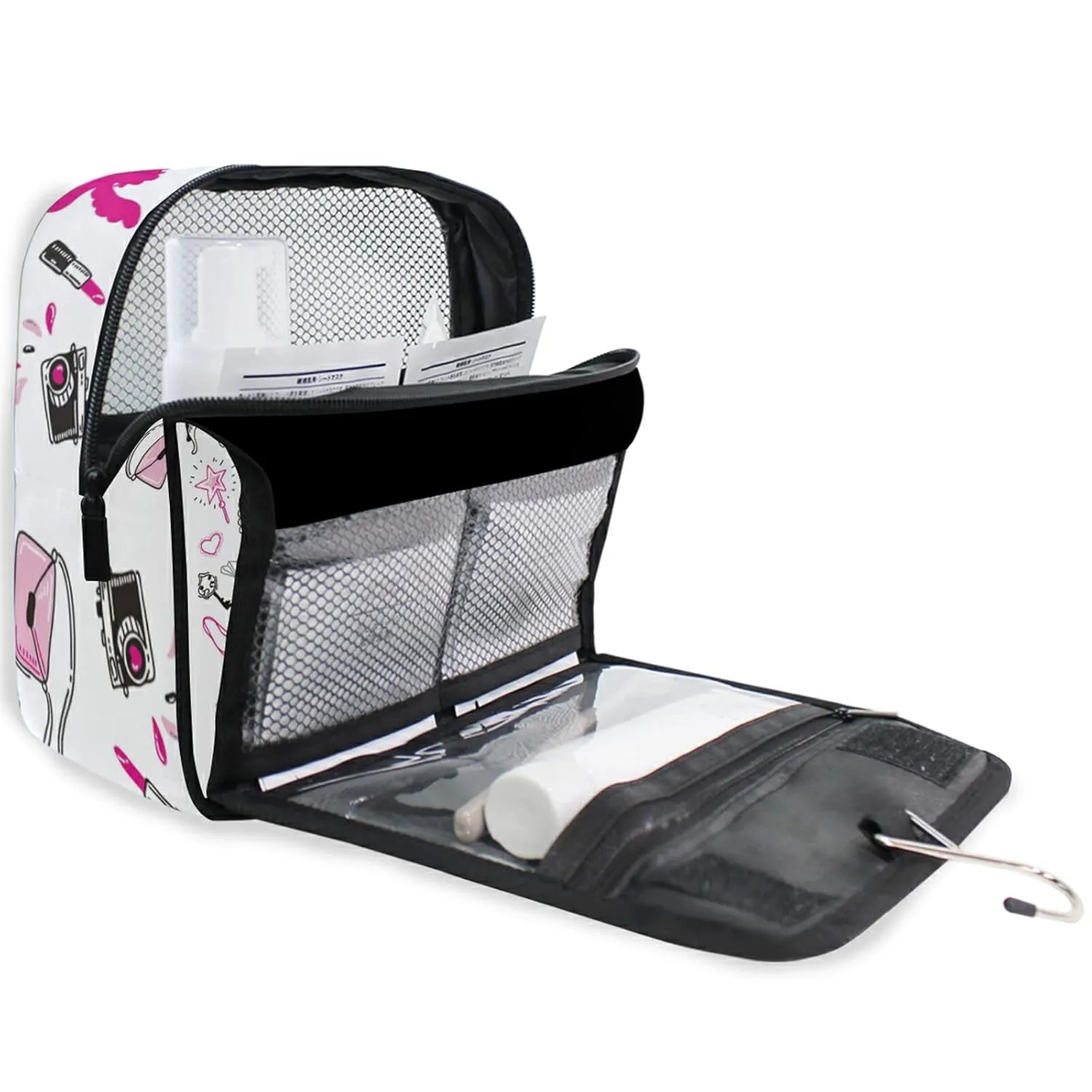 Hand-drawn Doodle Paris Symbols Pink Black On White Hanging Wash Gargle Toiletry Bag Travel Cosmetic Makeup Case Organizer Storage Large Portable