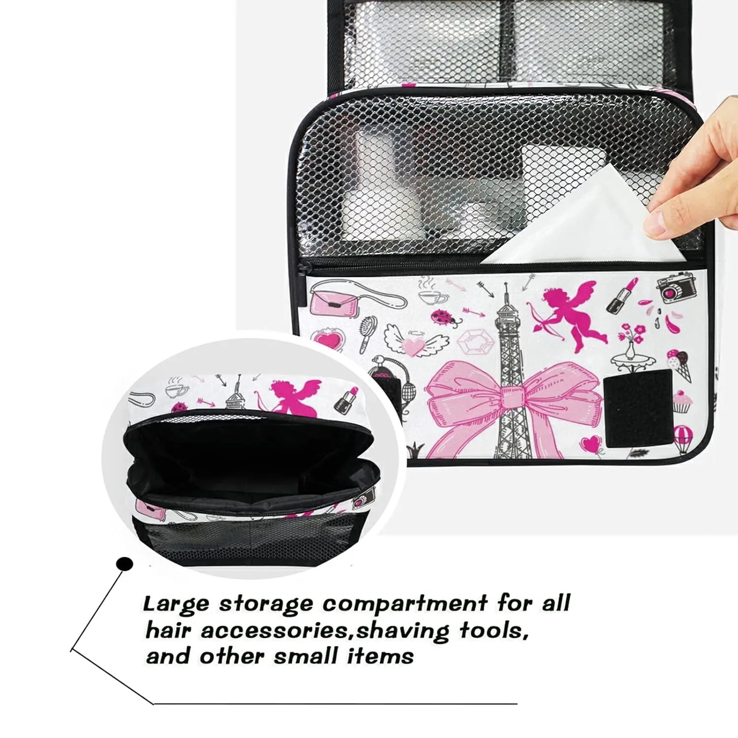 Hand-drawn Doodle Paris Symbols Pink Black On White Hanging Wash Gargle Toiletry Bag Travel Cosmetic Makeup Case Organizer Storage Large Portable