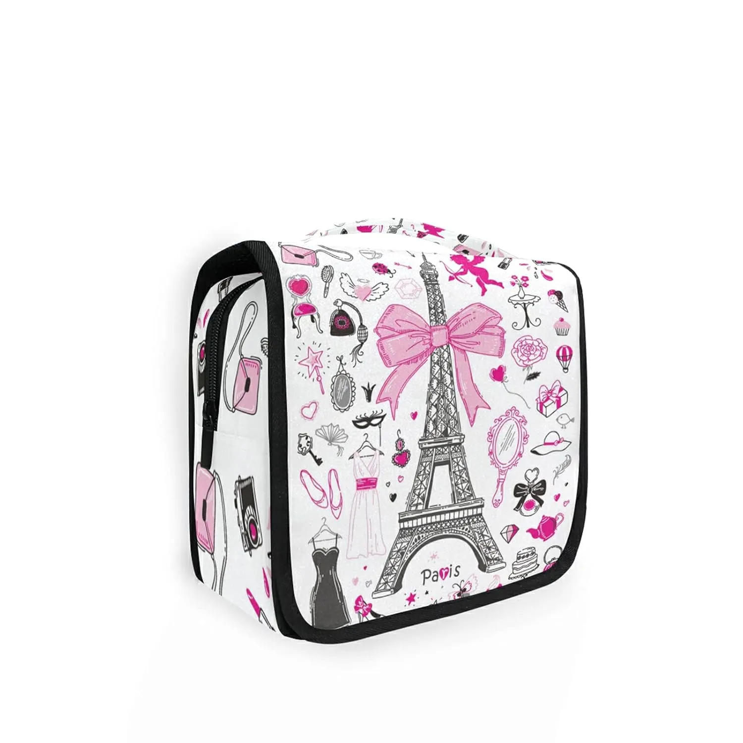 Hand-drawn Doodle Paris Symbols Pink Black On White Hanging Wash Gargle Toiletry Bag Travel Cosmetic Makeup Case Organizer Storage Large Portable