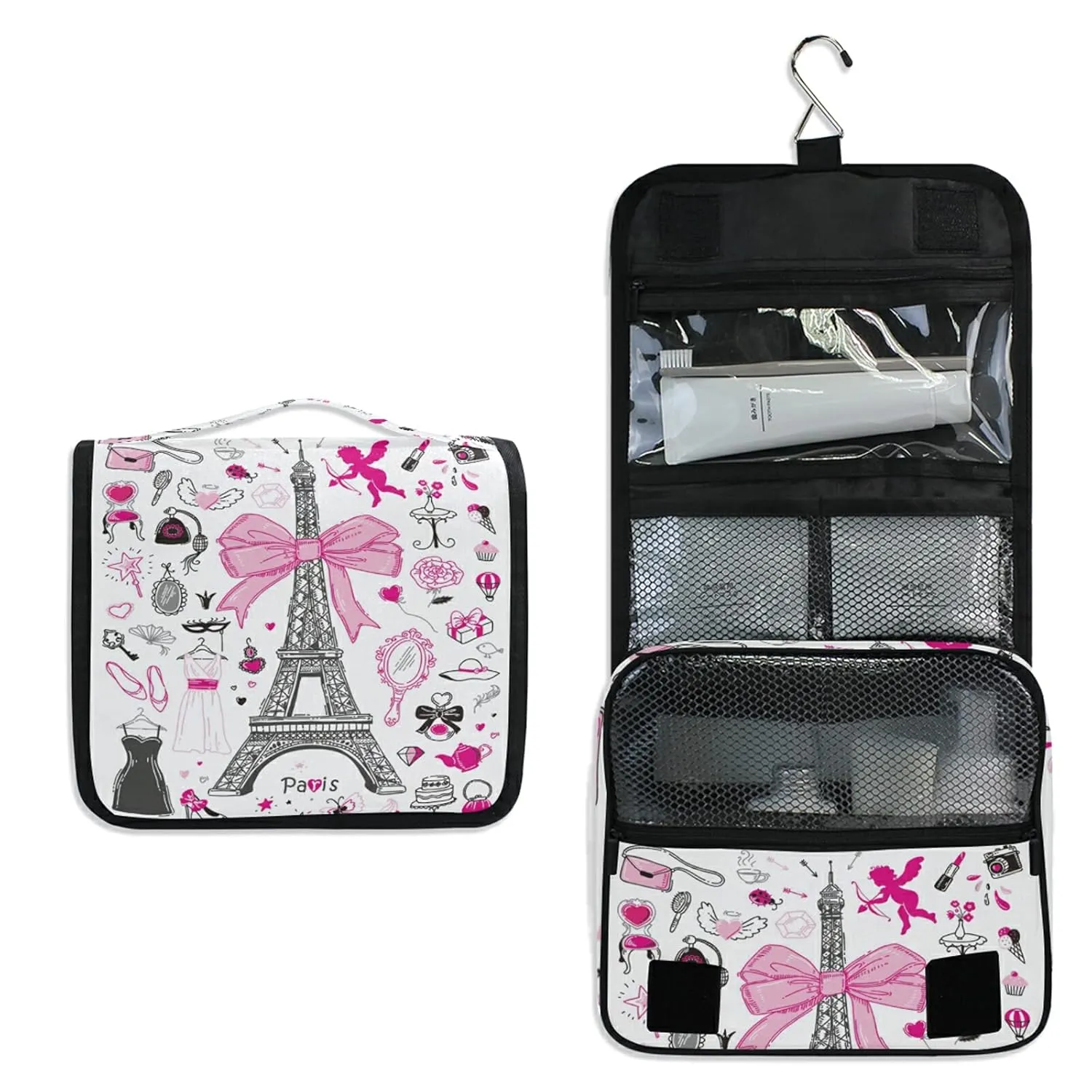 Hand-drawn Doodle Paris Symbols Pink Black On White Hanging Wash Gargle Toiletry Bag Travel Cosmetic Makeup Case Organizer Storage Large Portable