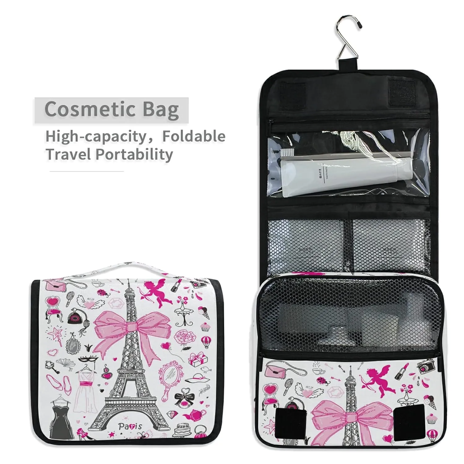 Hand-drawn Doodle Paris Symbols Pink Black On White Hanging Wash Gargle Toiletry Bag Travel Cosmetic Makeup Case Organizer Storage Large Portable