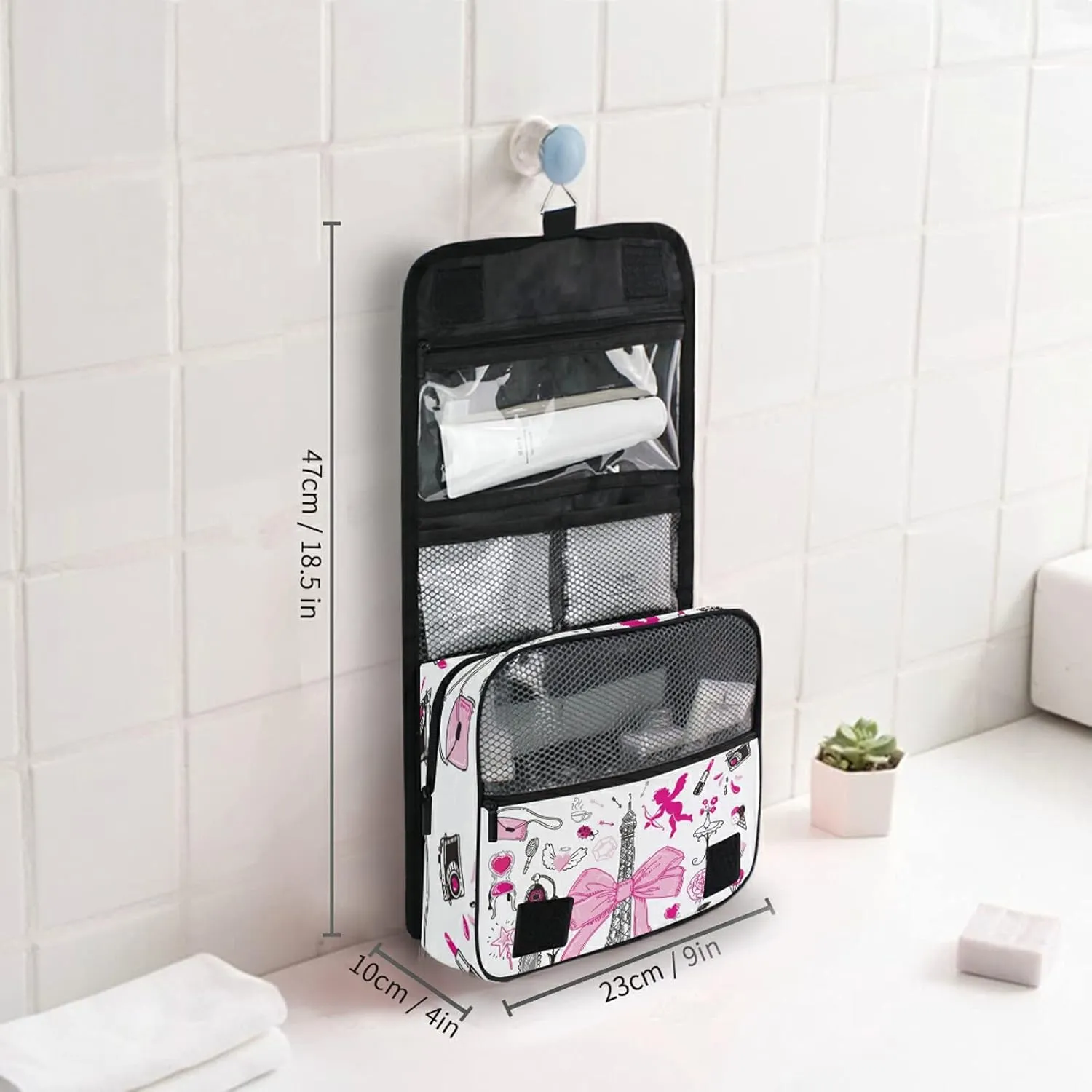 Hand-drawn Doodle Paris Symbols Pink Black On White Hanging Wash Gargle Toiletry Bag Travel Cosmetic Makeup Case Organizer Storage Large Portable