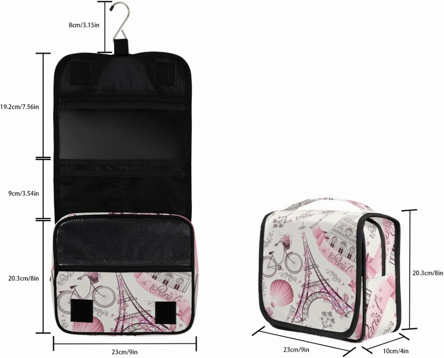 Hanging Toiletry Bag for Women, Paris Eiffel Tower Makeup Bag, Floral Flower Cosmetic Bag, Travel Essentials for Women Men