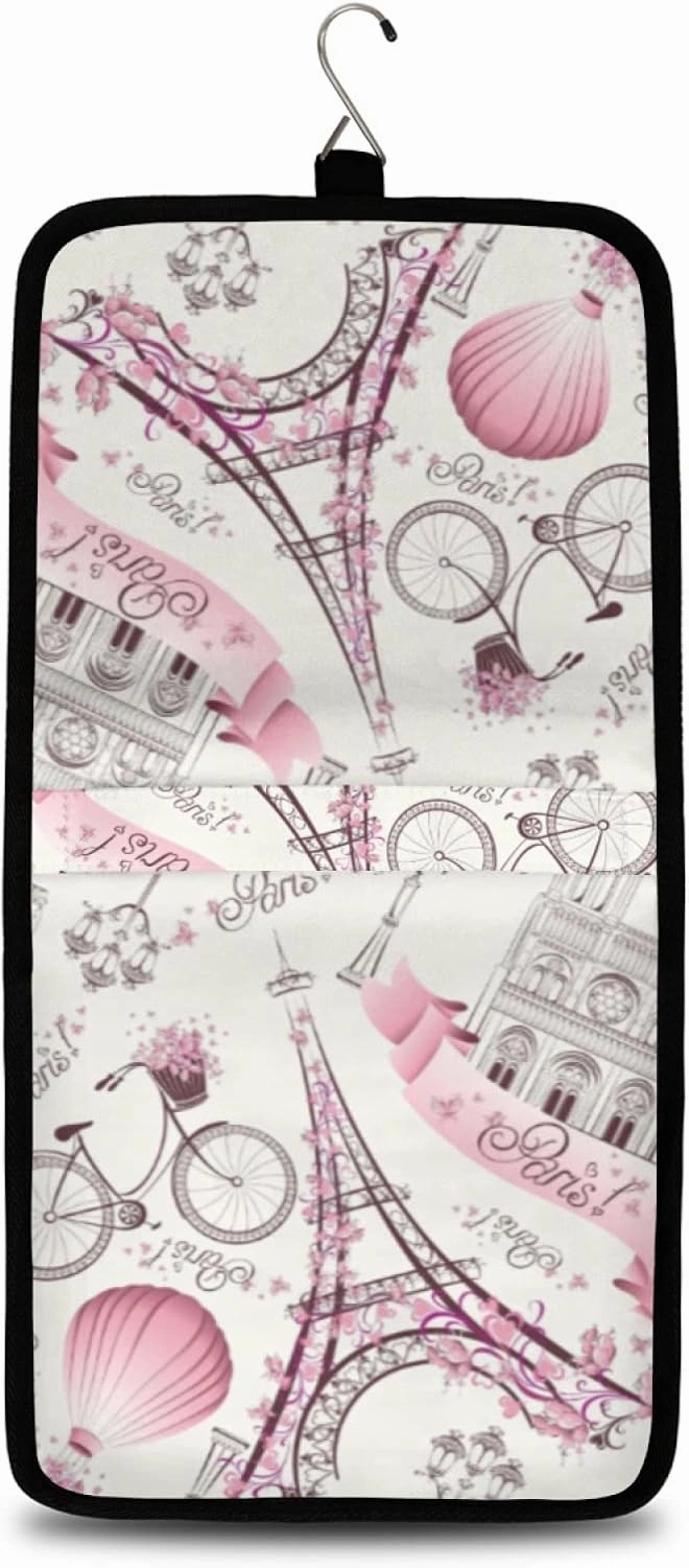 Hanging Toiletry Bag for Women, Paris Eiffel Tower Makeup Bag, Floral Flower Cosmetic Bag, Travel Essentials for Women Men