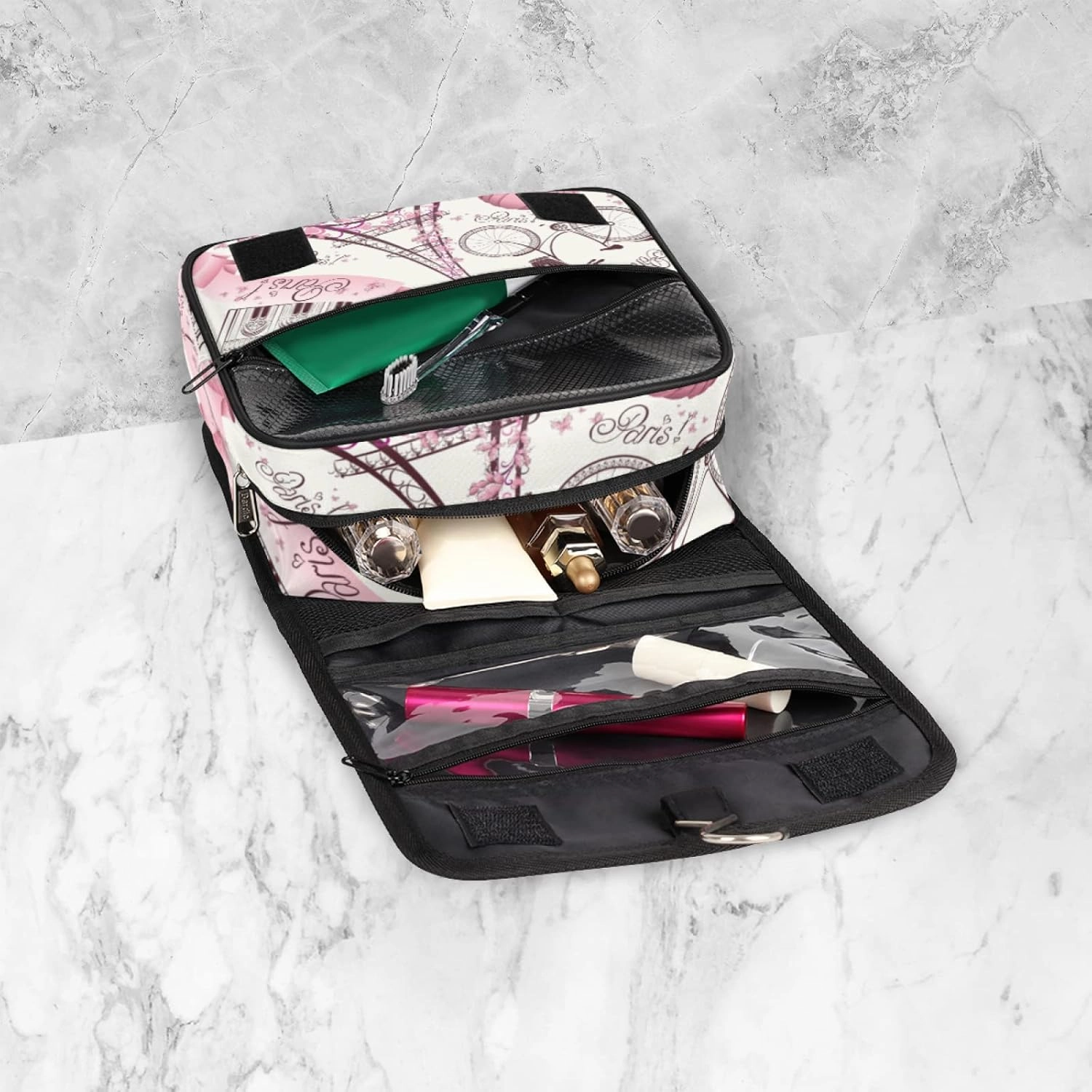 Hanging Toiletry Bag for Women, Paris Eiffel Tower Makeup Bag, Floral Flower Cosmetic Bag, Travel Essentials for Women Men