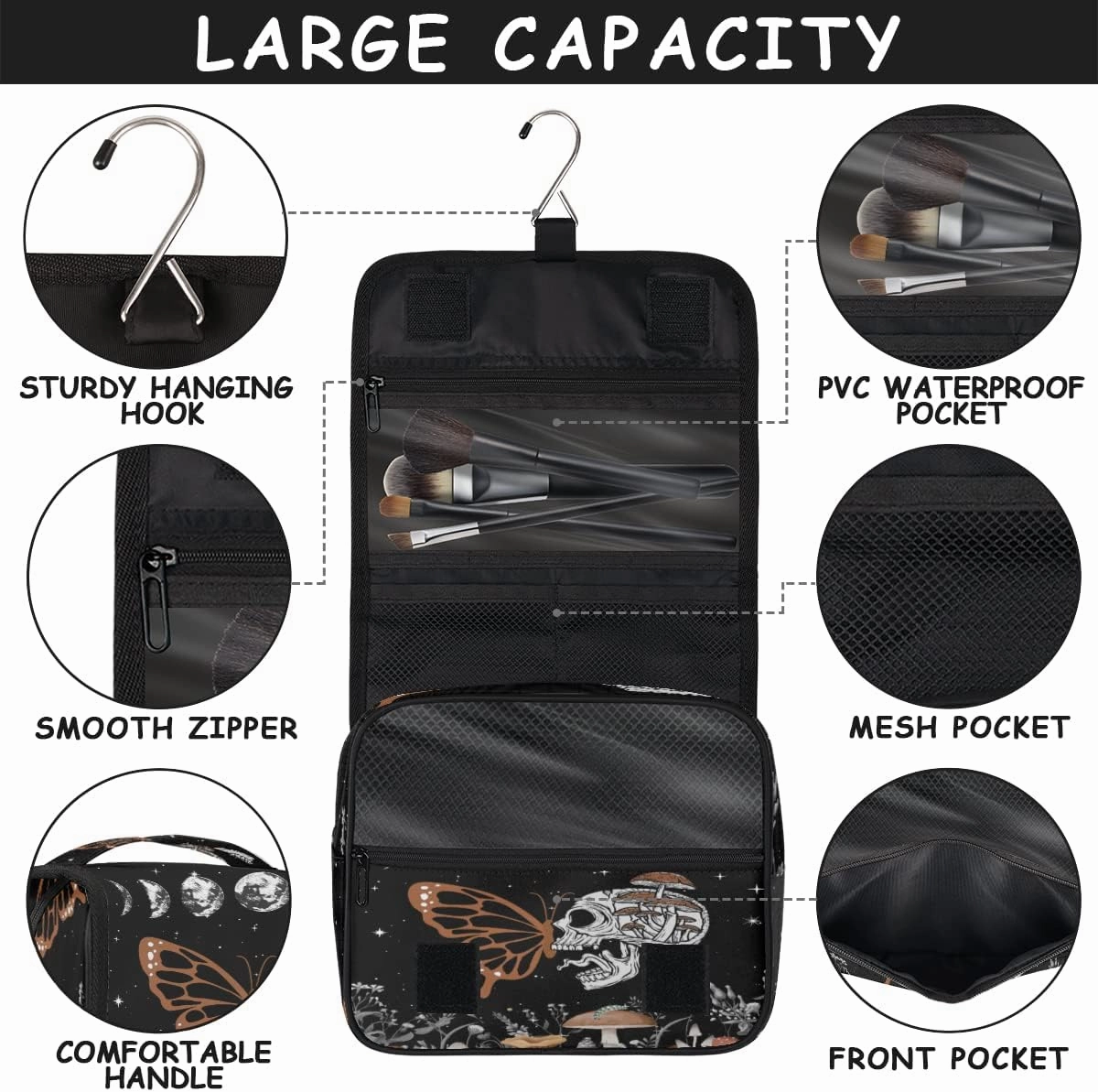 Hanging Toiletry Bag for Women, Suagr Skull Mushroom Travel Makeup Bag, Moon Stars Space Cosmetic Bag, Travel Essentials Bag for Women Men