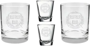 Harvard 2-Sided, Satin Finish, Rock (or Whiskey) and Shot Glass - Set of 2