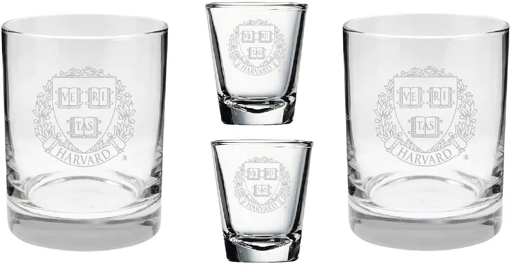 Harvard 2-Sided, Satin Finish, Rock (or Whiskey) and Shot Glass - Set of 2