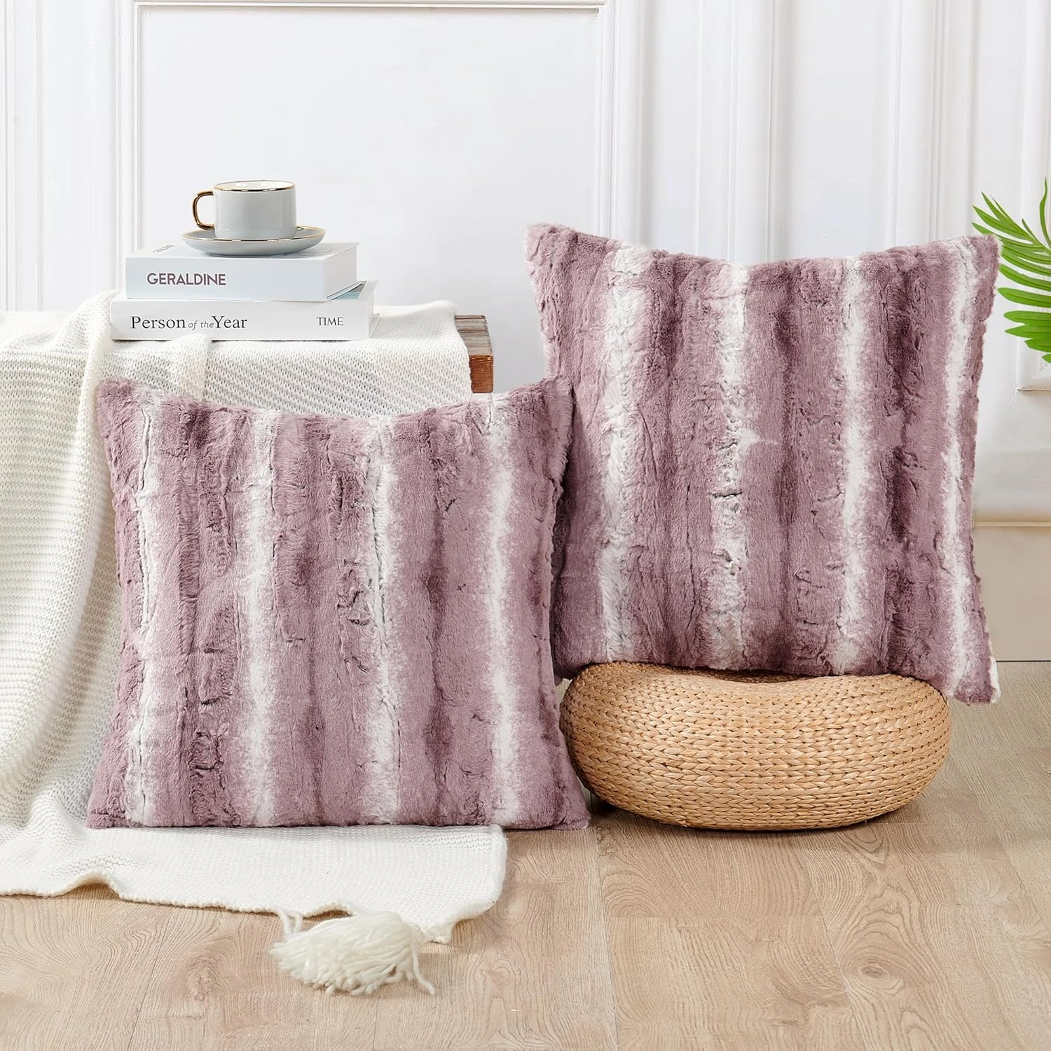 Home Soft Things Serenta Faux Fur 2 Piece Pillow Shell Set, 20" x 20", Brushed Stripe - Dusky Orchid