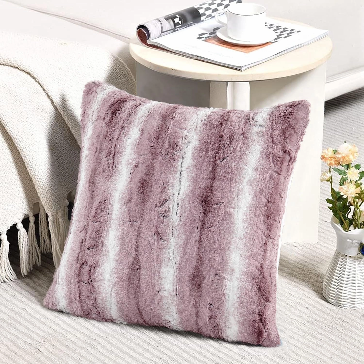 Home Soft Things Serenta Faux Fur 2 Piece Pillow Shell Set, 20" x 20", Brushed Stripe - Dusky Orchid