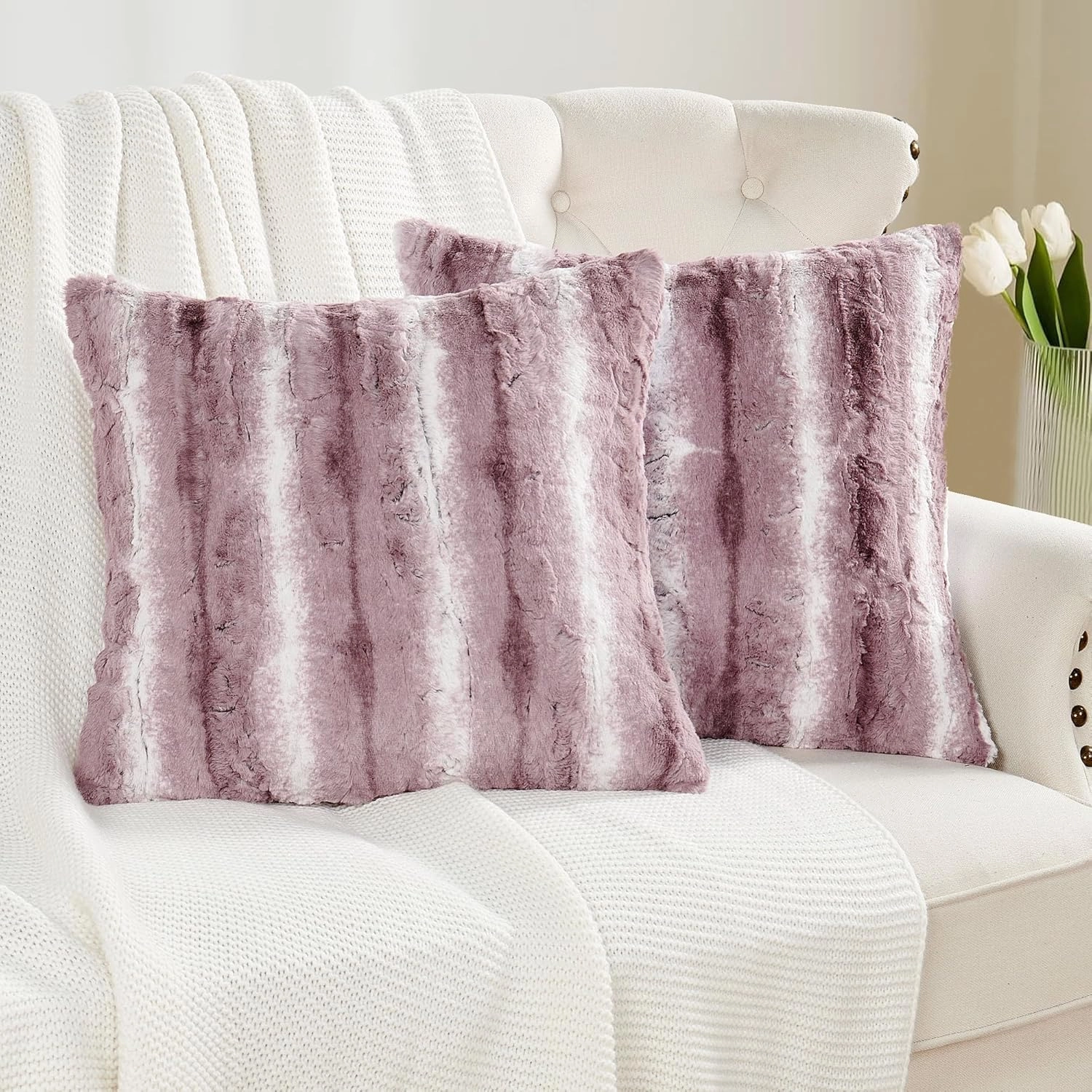 Home Soft Things Serenta Faux Fur 2 Piece Pillow Shell Set, 20" x 20", Brushed Stripe - Dusky Orchid