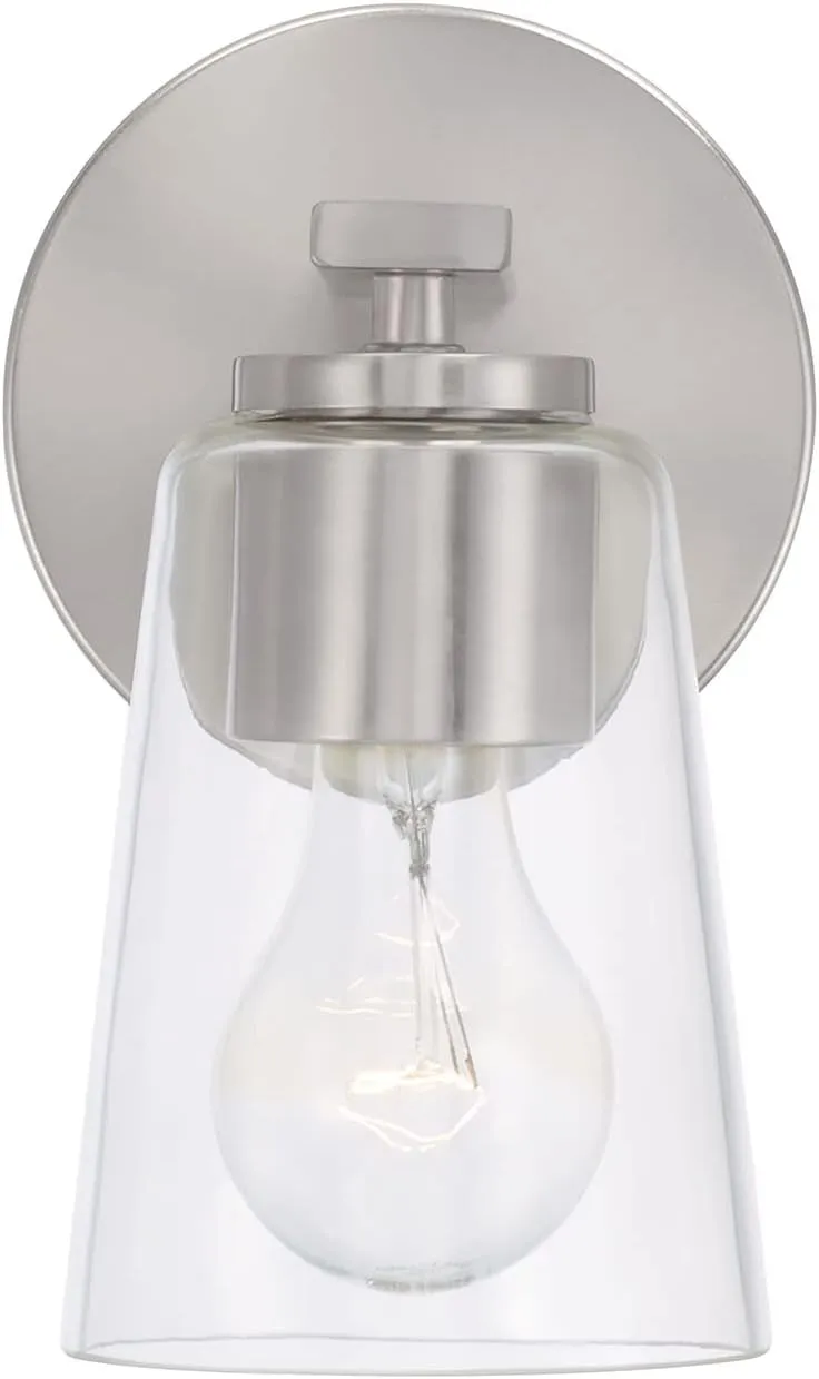 HomePlace Lighting 648611BN-537 Portman Transitional Clear Glass Cone Wall Sconce, 1-Light 100 Watt, 9" H x 5" W, Brushed/Satin Nickel