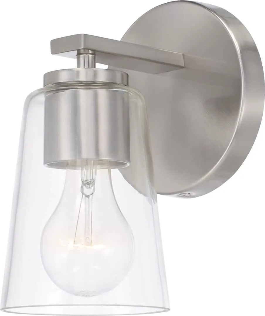 HomePlace Lighting 648611BN-537 Portman Transitional Clear Glass Cone Wall Sconce, 1-Light 100 Watt, 9" H x 5" W, Brushed/Satin Nickel