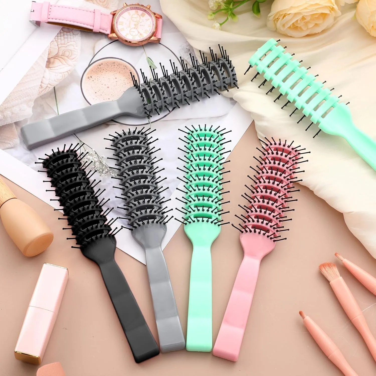 Honeydak 24 Pieces Vent Hairbrush for Women Men Dry Hairbrush for Blow Drying Curved with Ball Tipped Bristles for Wet Short Curly Straight Hair(Black,Pink,Grey,Blue)