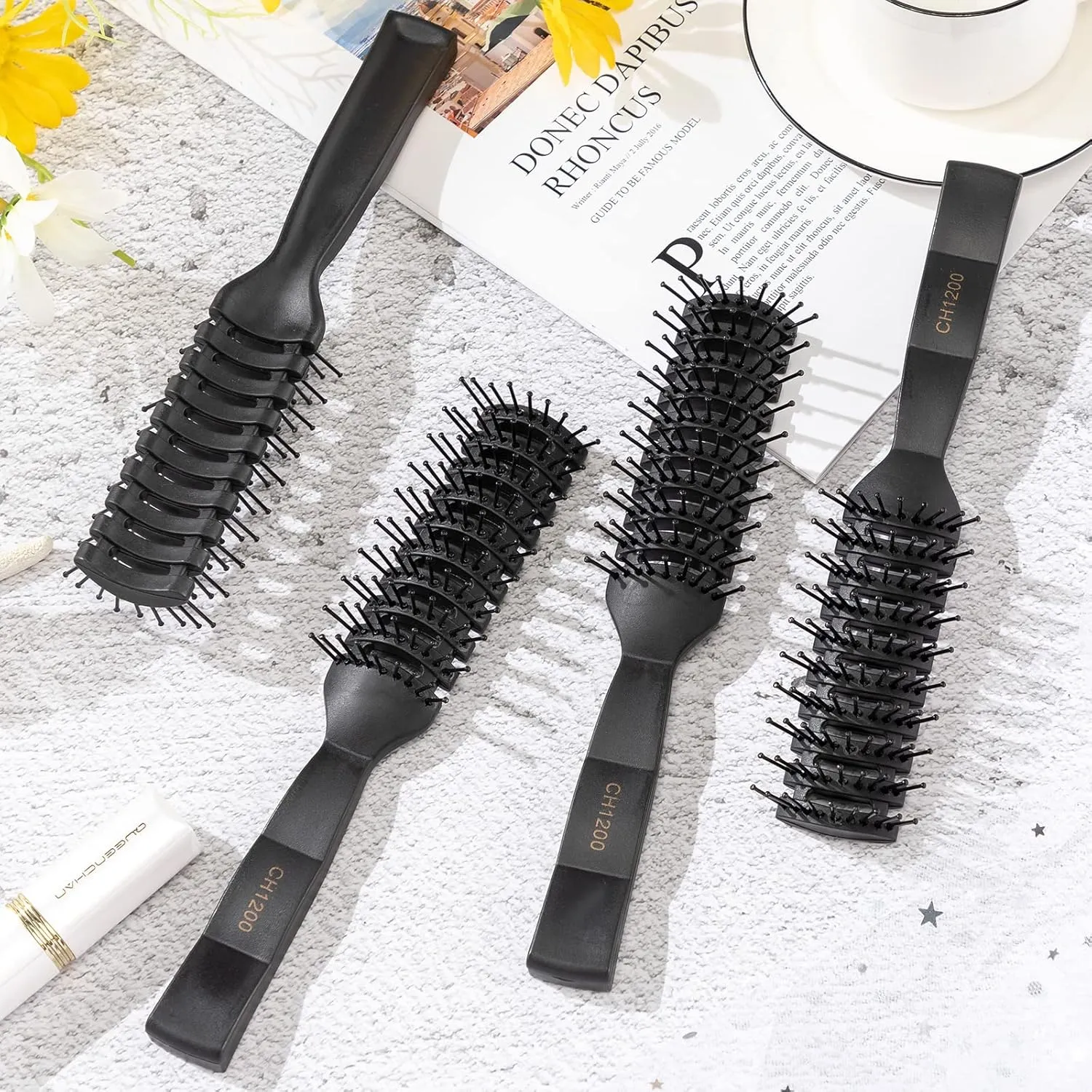 Honeydak 24 Pieces Vented Hair Brush for Men Women, Hair Blow Drying Vented Curved Hair Brush with Ball Tipped Bristles for Wet Short Curly Straight Hair, Black