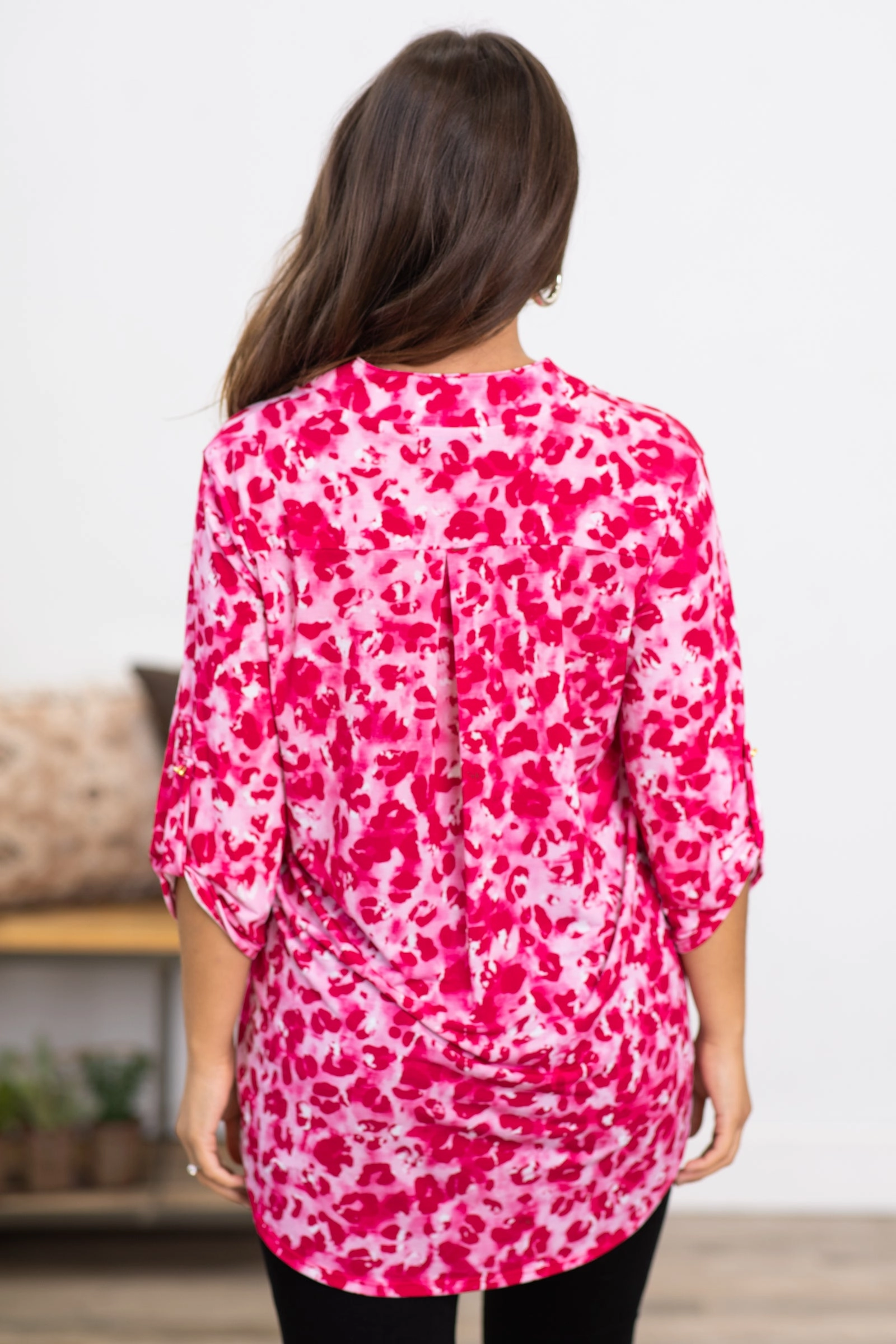 Hot Pink Animal Print Notch Neck Top
