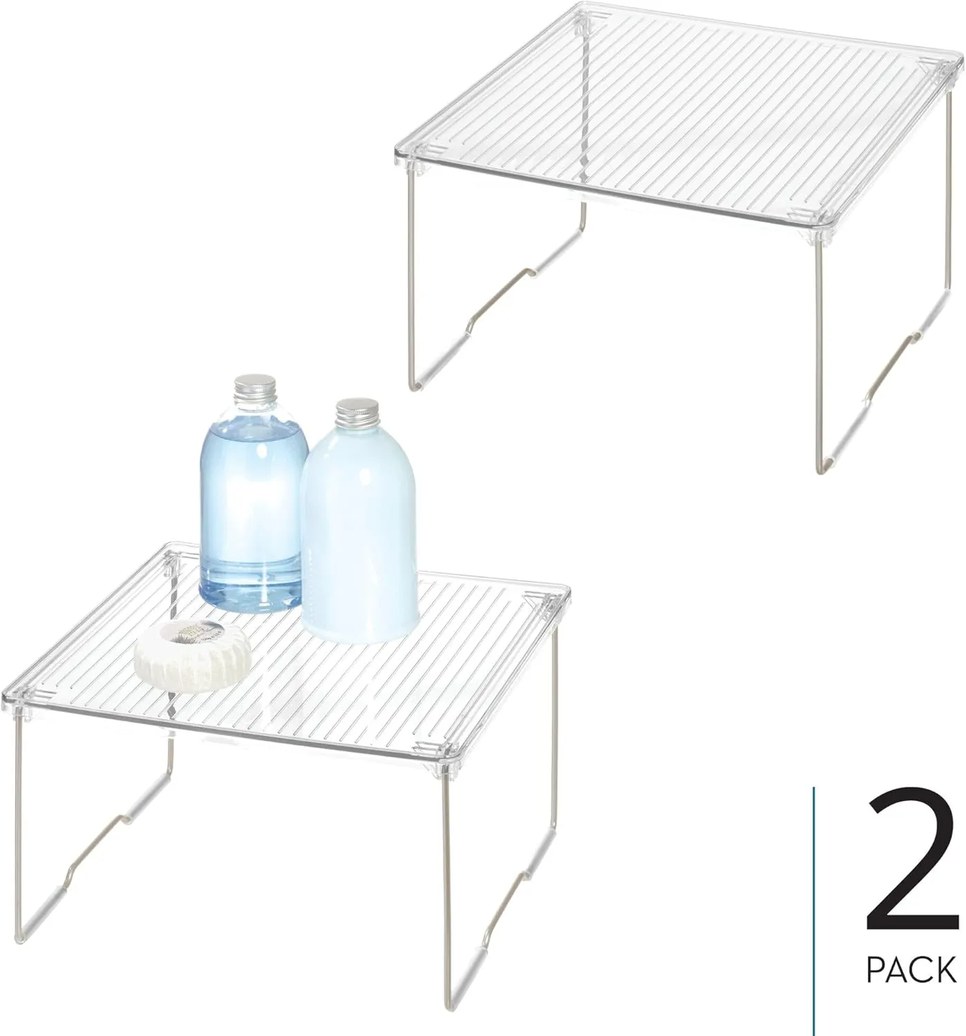 InterDesign iDesign Stackable Organizer-Cabinet Riser for Bathroom Storage-Set of 2-Clear/Satin Stacking Shelf-Small M2