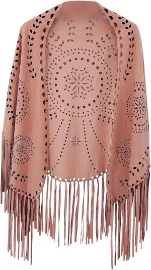 JOAU Suede Hollow Out Shawl Wraps for Women Open Front Ethnic Western Cowgirl Cardigan Capelet with Tassel Vintage Cape