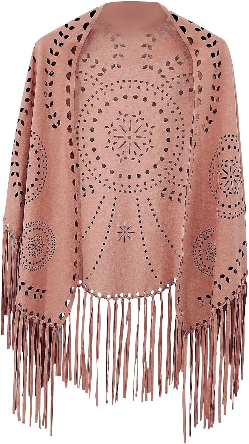 JOAU Suede Hollow Out Shawl Wraps for Women Open Front Ethnic Western Cowgirl Cardigan Capelet with Tassel Vintage Cape